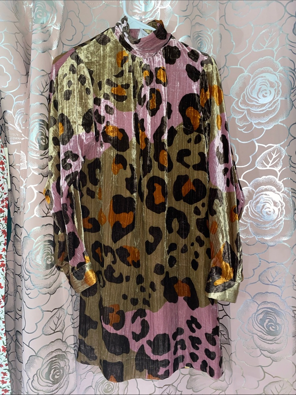 Anthropologie Eleanor Velvet Tunic Dress Pink Leopard Animal Print Size 2